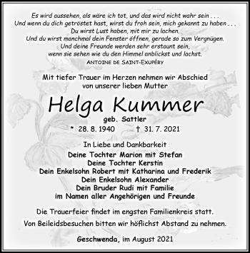 Traueranzeige von Helga Kummer von Südthüringer Presse