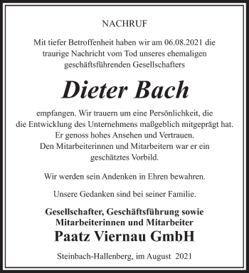 Traueranzeige von Dieter Bach von Südthüringer Presse