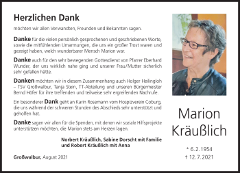 Traueranzeige von Marion Kräußlich von Neue Presse Coburg