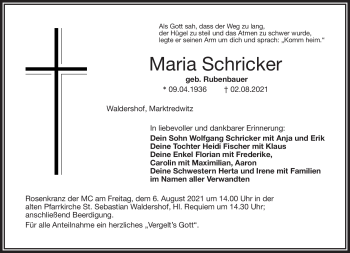 Traueranzeige von Maria Schricker von Frankenpost