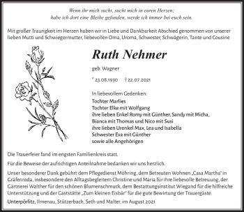 Traueranzeige von Ruth Nehmer von Südthüringer Presse