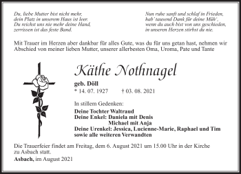 Traueranzeige von Käthe Nothnagel von Südthüringer Presse