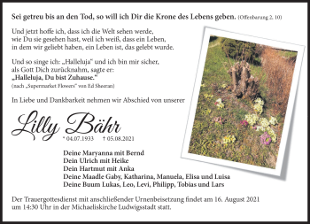 Traueranzeige von Lilly Bär von Neue Presse Coburg