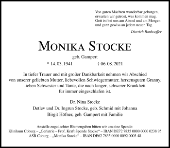 Traueranzeige von Monika Stocke von Neue Presse Coburg