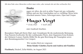 Traueranzeige von Hugo Vogt von Südthüringer Presse