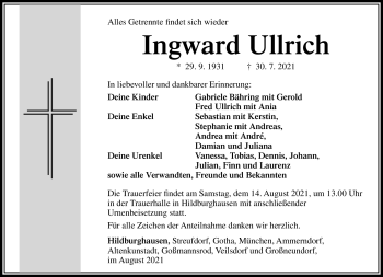 Traueranzeige von Ingward Ullrich von Südthüringer Presse