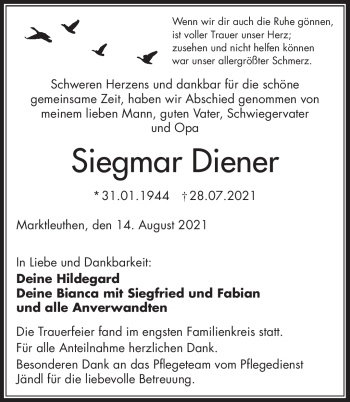 Traueranzeige von Siegmar Diener von Frankenpost