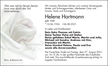 Traueranzeige von Helene Hartmann von Südthüringer Presse