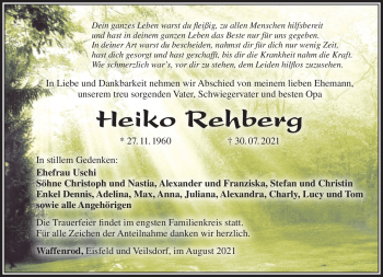 Traueranzeige von Heiko Rehberg von Südthüringer Presse