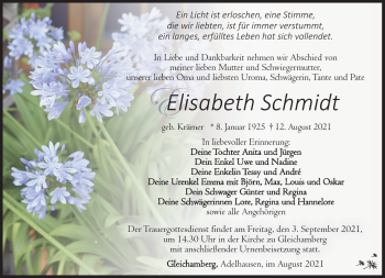 Traueranzeige von Elisabeth Schmidt von Südthüringer Presse