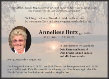 Traueranzeige von Anneliese Butz von Neue Presse Coburg