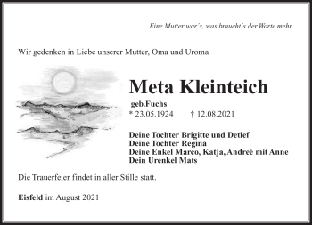 Traueranzeige von Meta Kleinteich von Südthüringer Presse