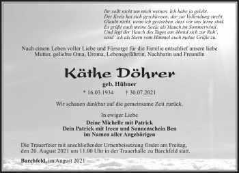 Traueranzeige von Käthe Döhrer von Südthüringer Presse
