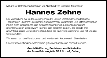 Traueranzeige von Hannes Zehne von Neue Presse Coburg