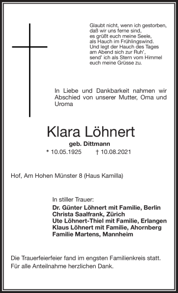 Traueranzeige von Klara Löhnert von Frankenpost