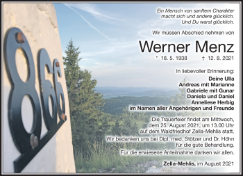 Traueranzeige von Werner Menz von Südthüringer Presse