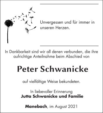Traueranzeige von Peter Schwanicke von Südthüringer Presse