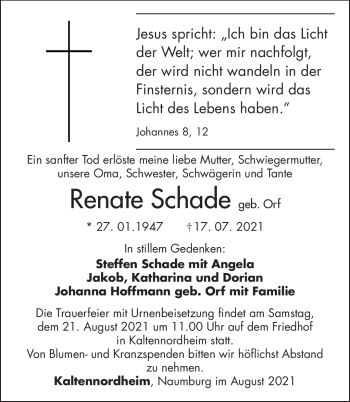 Traueranzeige von Renate Schade von Südthüringer Presse
