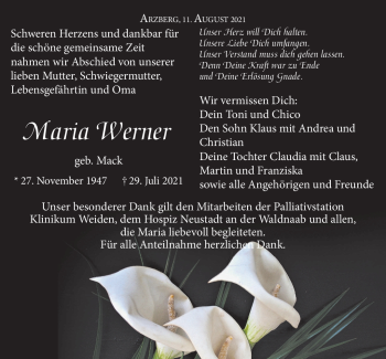 Traueranzeige von Maria Werner von Frankenpost