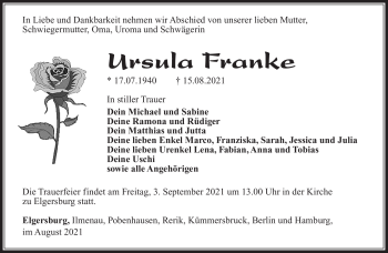 Traueranzeige von Ursula Franke von Südthüringer Presse