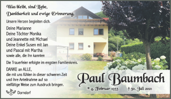 Traueranzeige von Paul Baumbach von Südthüringer Presse