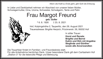 Traueranzeige von Margot Freund von Frankenpost
