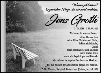 Traueranzeige von Jens Groth von Südthüringer Presse