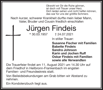 Traueranzeige von Jürgen Findeis von Frankenpost