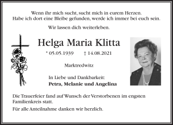 Traueranzeige von Helga Klitta von Frankenpost