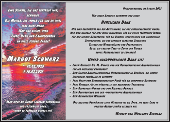 Traueranzeige von Margot Schwarz von Südthüringer Presse
