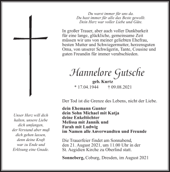 Traueranzeige von Hannelore Gutsche von Südthüringer Presse