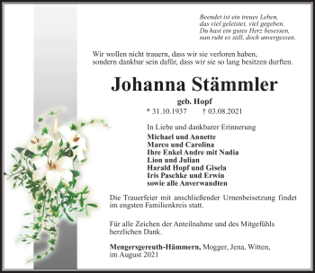 Traueranzeige von Johanna Stämmler von Südthüringer Presse