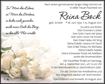 Traueranzeige von Reina Bock von Südthüringer Presse