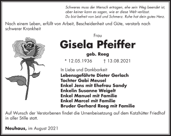 Traueranzeige von Gisela Pfeiffer von Südthüringer Presse