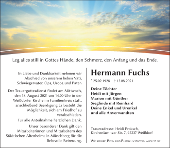 Traueranzeige von Hermann Fuchs von Frankenpost