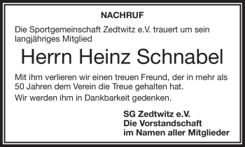 Traueranzeige von Heinz Schnabel von Frankenpost