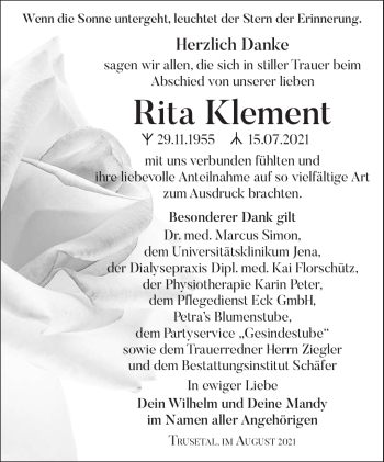 Traueranzeige von Rtia Klement von Südthüringer Presse