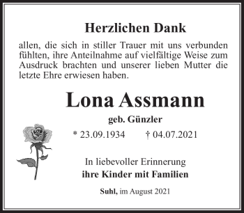 Traueranzeige von Lona Assmann von Südthüringer Presse