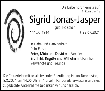Traueranzeige von Sigrid Jonas-Jasper von Neue Presse Coburg