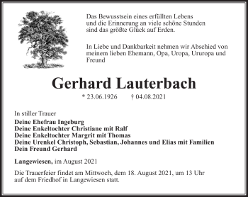 Traueranzeige von Gerhard Lauterbach von Südthüringer Presse
