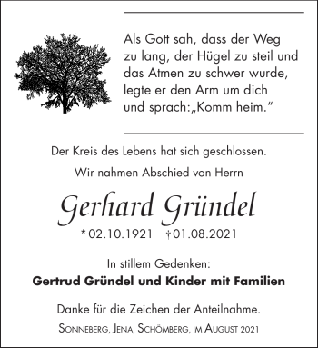 Traueranzeige von Gerhard Gründel von Südthüringer Presse