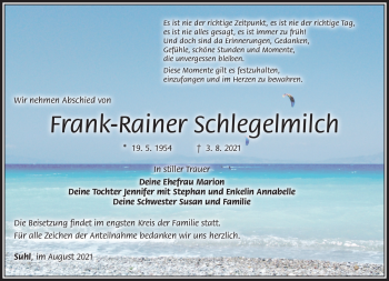 Traueranzeige von Frank-Rainer Schlegelmilch von Südthüringer Presse