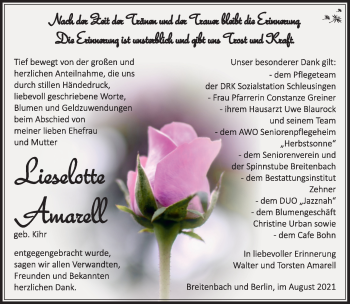 Traueranzeige von Lieselotte Amarell von Südthüringer Presse