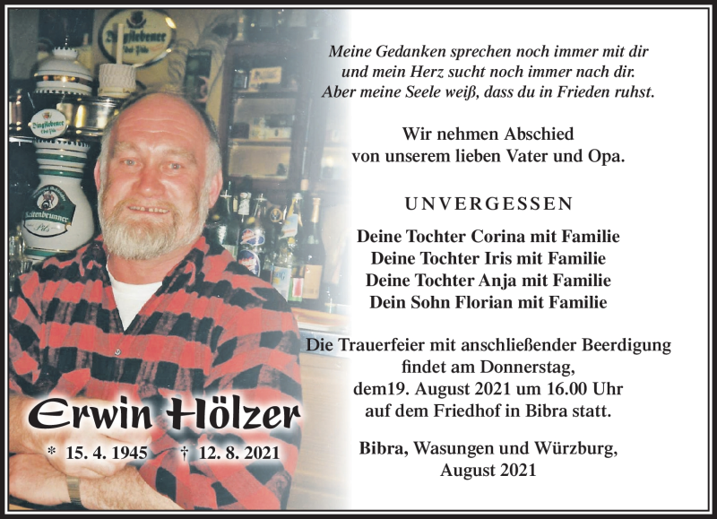  Traueranzeige für Erwin Hölzer vom 17.08.2021 aus Südthüringer Presse