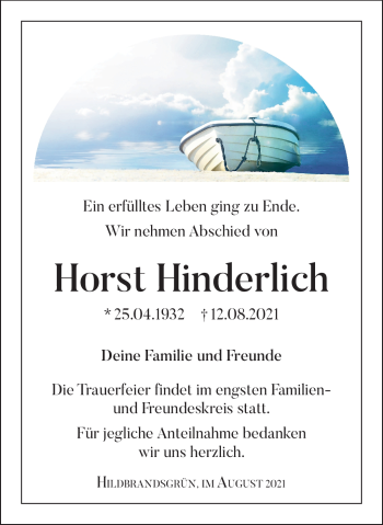 Traueranzeige von Horst Hinderlich von Frankenpost