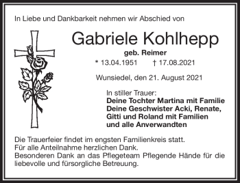 Traueranzeige von Gabriele Kohlhepp von Frankenpost