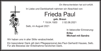 Traueranzeige von Frieda Paul von Frankenpost