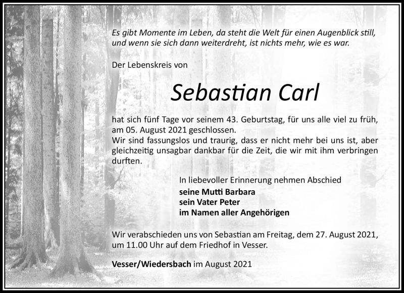  Traueranzeige für Sebastian Carl vom 14.08.2021 aus Südthüringer Presse