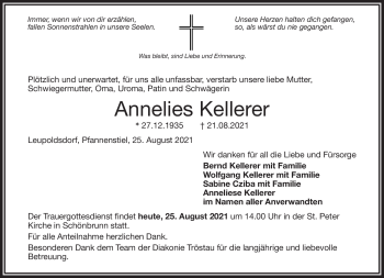 Traueranzeige von Annelies Kellerer von Frankenpost