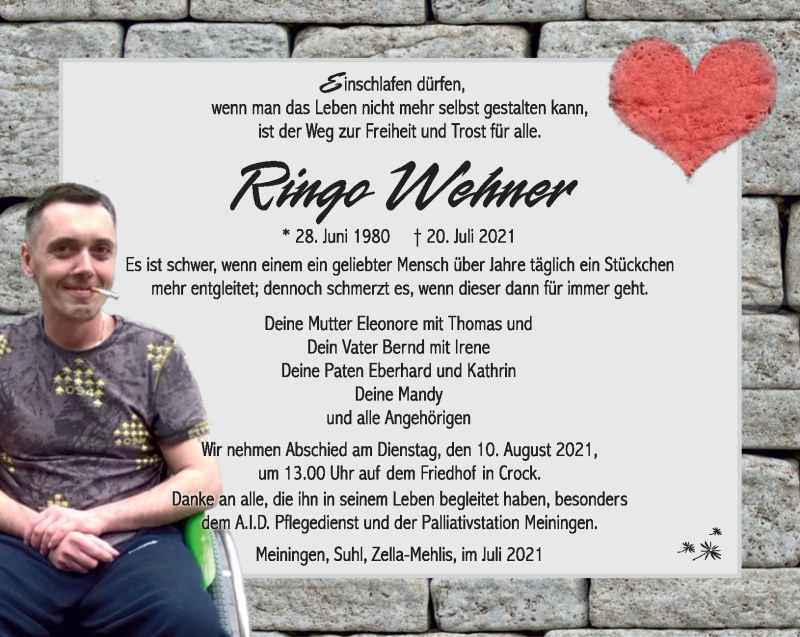  Traueranzeige für Ringo Wehner vom 07.08.2021 aus Südthüringer Presse